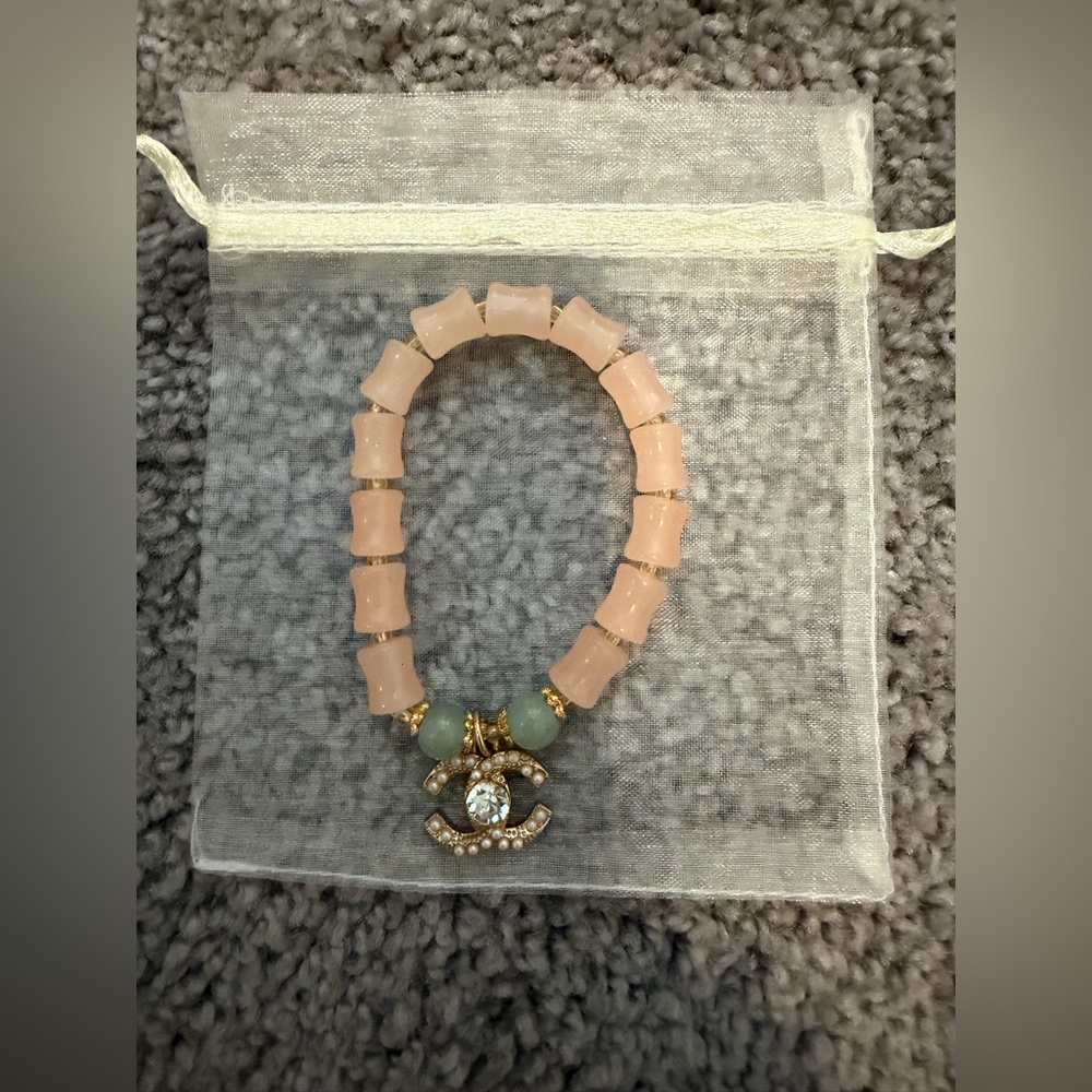 CHANEL Zipper Pull w/faux pearls and rhinestone w/Blush & Gold in Color Bracelet